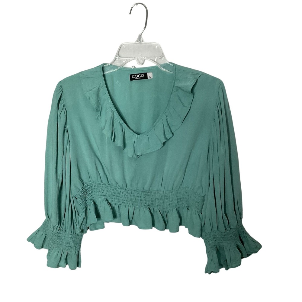 Coco Cabaña XL Teal Ruffle Peasant‎ Blouse Long Sleeve Smocked Boho Crop Top